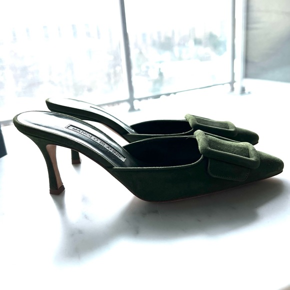 Manolo Blahnik Maysale 70 dark green suede mules - Picture 7 of 14